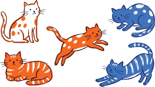 Hand drawn cute cat vector set featuring orange and blue feline characters in various playful poses and patterns.
