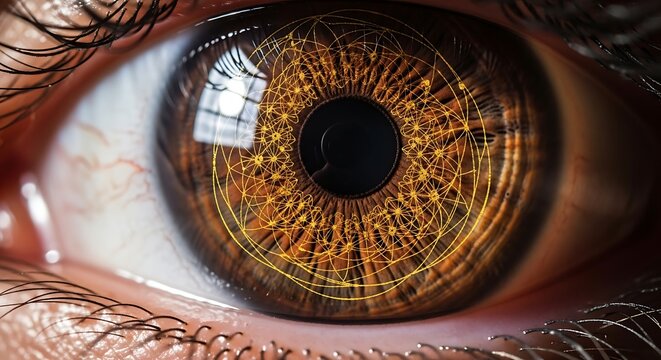 Extreme close-up of brown human eye with intricate iris pattern, close-up