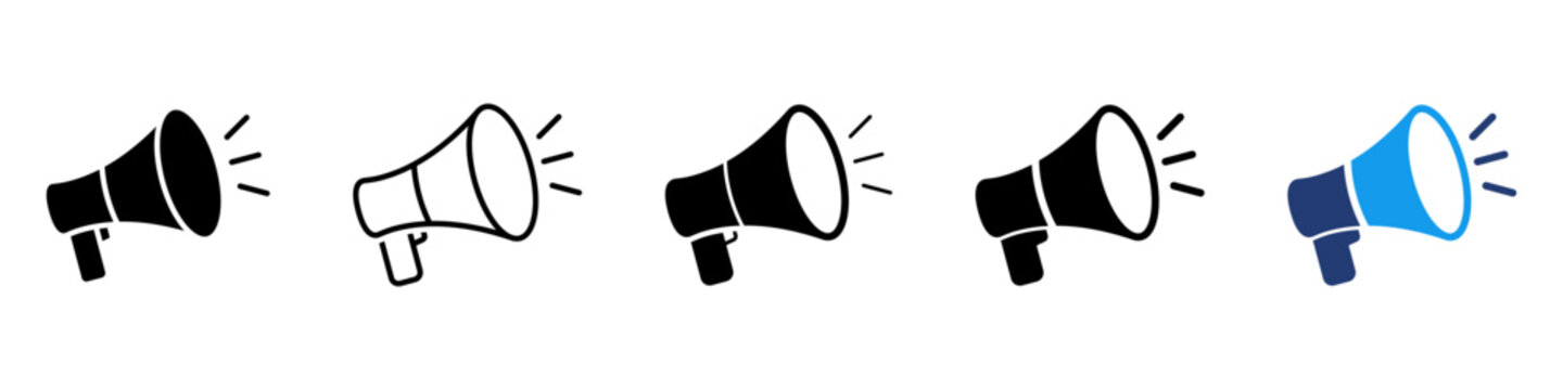 Megaphone Loudspeaker Icon Set For Marketing Advertising ; Megaphone icon set in outline and solid styles representing advertising, promotion, announcement, and marketing, perfect for apps and web