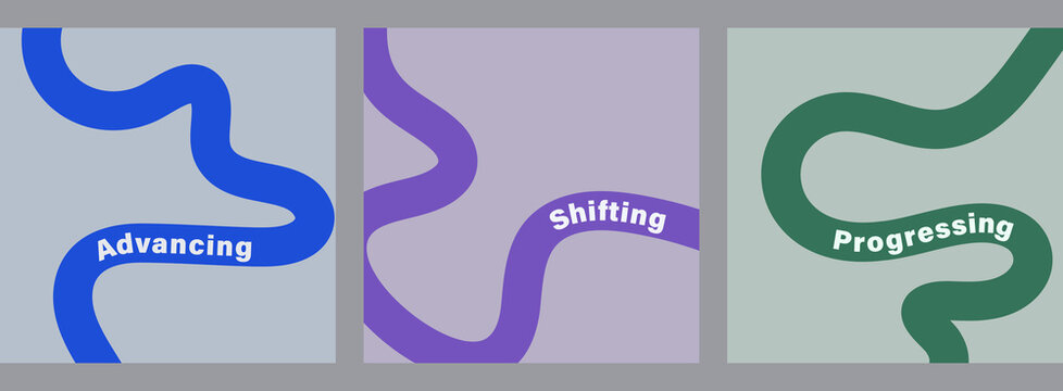 Abstract Business Growth Posters With Wavy Lines ; Modern business growth poster set with abstract wavy lines and motivational words advancing shifting progressing, ideal for corporate branding