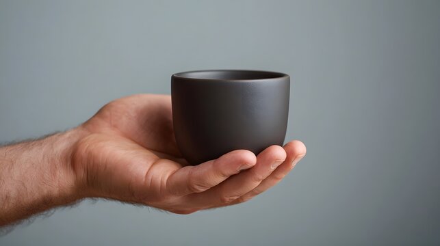 A bare hand cradling a simple dark ceramic cup against a smooth minimalist gray background