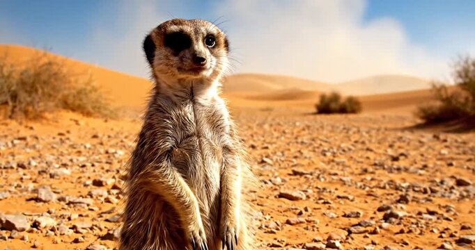 Meerkat standing alert on dry desert sand in sunny habitat