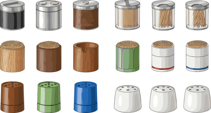 Toothpick Holder Vector Set Featuring Multiple Dispenser Designs In Wood Plastic And Glass For Tableware Dining Etiquette Kitchen Accessories And Restaurant Supplies Designs