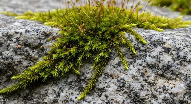 Green moss growing on a textured grey stone surface in nature with mountain