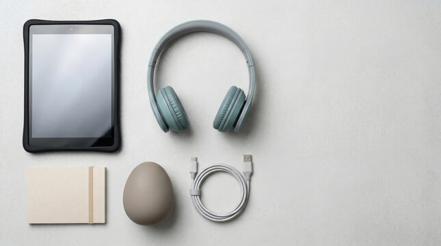Object only flat lay of a digital wellness starter kit with tablet, headphones, notebook, egg - shap
