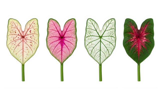 Set of caladium leaves with pink and white veins tropical plant foliage frontal isolated png on a transparent background perfectly cutout high resolution