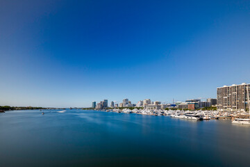 Obraz premium Aerial photo marinas with yachts in West Palm Beach Florida home to the boat show