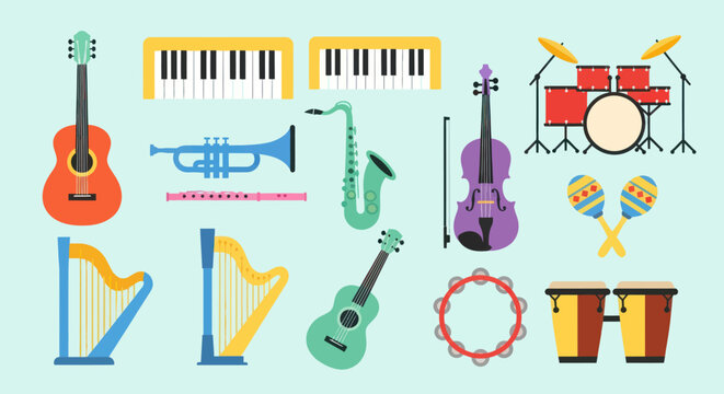 Various musical instruments on light background