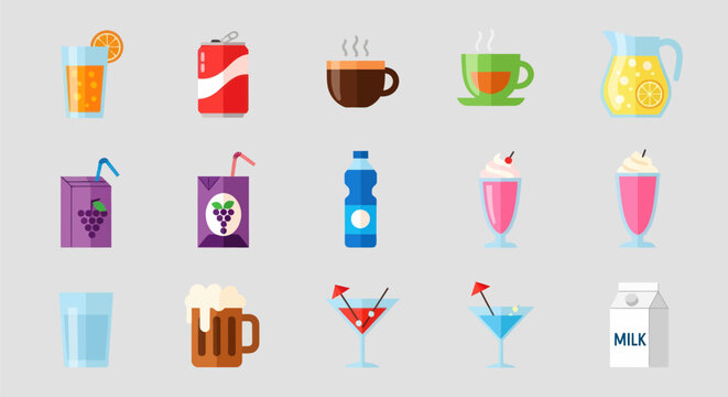 Various refreshing beverage icons on gray