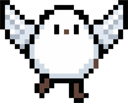 Pixel art cute white bird flying, long-tailed tit character sticker design, isolated on transparent background