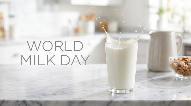 A glass of milk sits on a marble countertop with milk splashing out of it in celebration of World Milk Day