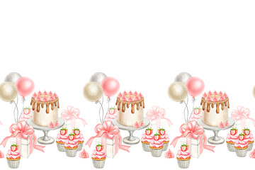 Naklejka premium Watercolor seamless border with a cake on a stand, cupcakes, balloons and gifts in pink shades. Handmade birthday illustration, for tablecloth decoration, postcards, posters, banners. photo zones, pro