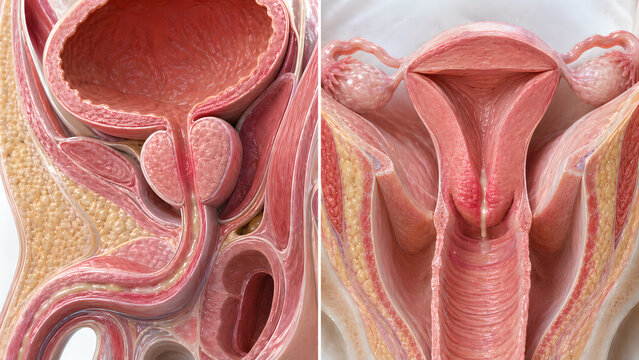 Photorealistic urethral wall cross-section with gonorrheal infection, inflamed mucosa, mild swelling, increased vascularity, and small mucopurulent material in lumen.