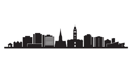 Obraz premium Vector silhouette of city skyline with skyscrapers, clock tower, and steeple, urban architectural landmark art