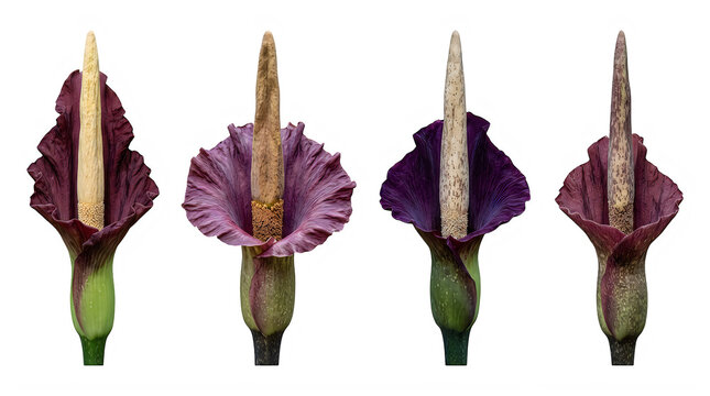 Set of exotic purple voodoo lily flowers dragon arum garden flora frontal isolated png on a transparent background perfectly cutout high resolution