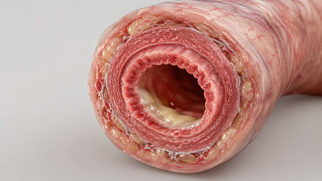 Photorealistic urethral wall cross-section with gonorrheal infection, inflamed mucosa, mild swelling, increased vascularity, and small mucopurulent material in lumen.