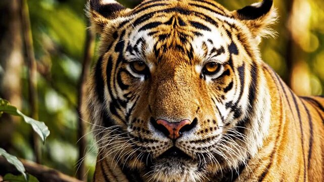 Close-up portrait of a tiger staring directly into the camera, majestic predator in the wild nature.