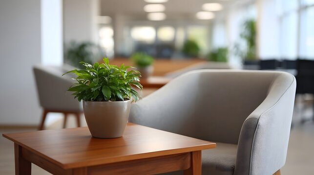 Modern office lounge setup featuring a potted green plant placed on a wooden side table next to a neutral upholstered chair