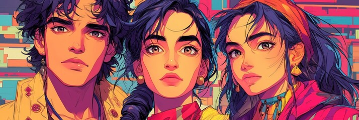 Obraz premium Vibrant pop art portrait of three north african young adults from Algeria Morocco and Egypt with neon colors bold lines expressive faces Concept of creativity