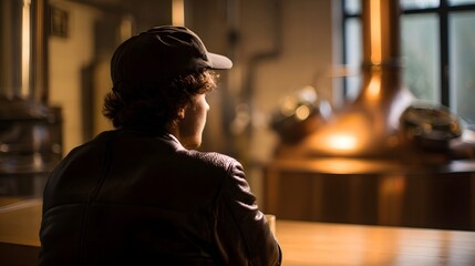 Obraz premium A thoughtful profile view capturing a quiet moment in a cafe set against the warm glow of brewing hinery