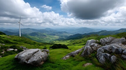 Fototapeta premium Panoramic view of lush green mountains and rolling hills under a dramatic cloudy sky featuring a modern wind turbine