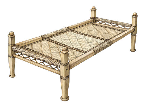 traditional indian wooden charpai bed isolated on transparent background