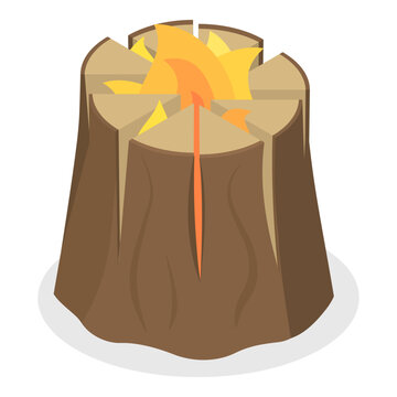 3D Isometric Flat Vector Set of Bonfires, Wooden Boards Used For Nighttime Outdoor Bonfire With Flaming Logs And Coals. Item 3