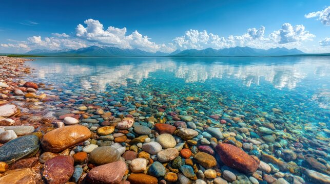 A tranquil lake scene showcasing a vibrant array of colorful stones at the water's edge, reflected perfectly in the crystal-clear water, with a backdrop of serene mountains and a vast, cloud-filled...