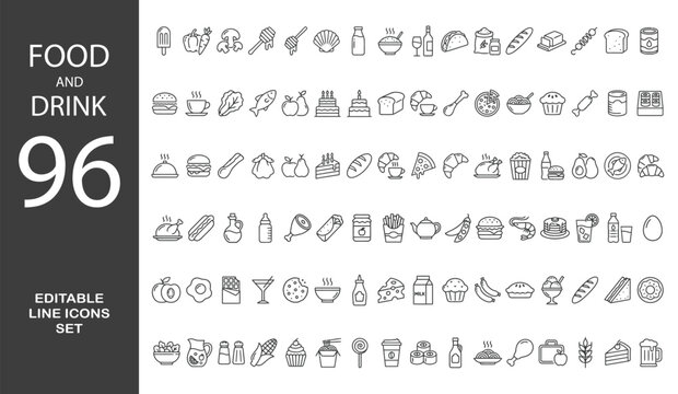 Food and Drink Line Editable Icons set. Vector illustration in thin line style of nutrition related icons: vegetables, fruits, desserts, meat, baked goods, drinks, and more. Isolated on white.