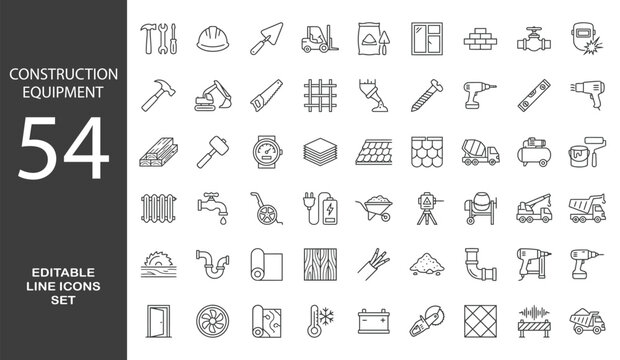 Construction Equipment and Materials Line Editable Icons set. Vector illustration in modern thin line style of construction related icons: hand, electric, machine tools, and more. 