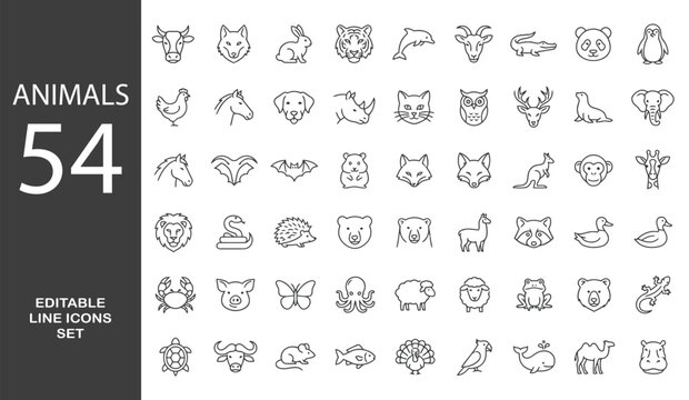 Animals line Editable Icons set. Vector illustration in modern thin line style of fauna related icons: farm, domestic, wild animals, and more. Pictograms and infographics.