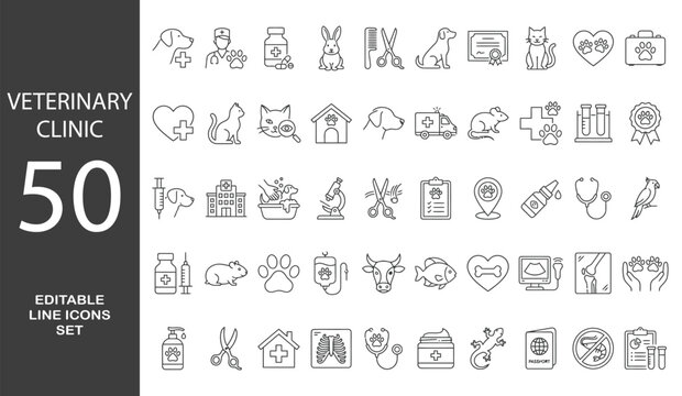 Veterinary Clinic Line Editable Icons set. Vector illustration in modern thin line style of animals care related icons: pets, types of examinations and veterinary services, and more. 