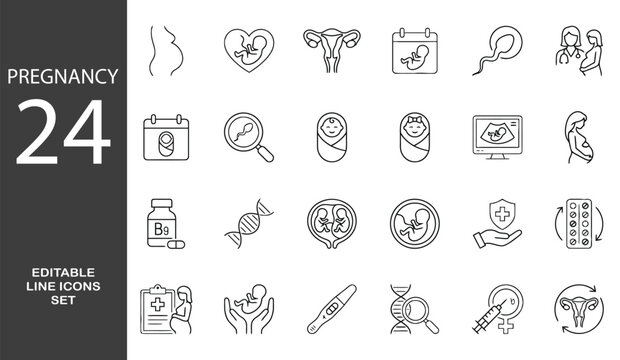 Pregnancy Editable Icons set. Vector illustration in modern thin line style of motherhood related icons: fertility, hormone therapy, medical examination, and more. Isolated on transparent background.