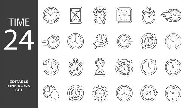Time Line Editable Icons set. Vector illustration in modern thin line style of clock related icons: timer, stopwatch, alarm, and more. Isolated on transparent background.
