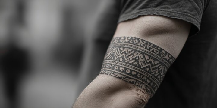 Close-up of a mans arm with a detailed tribal band tattoo, showcasing intricate patterns and cultural artistry on his bicep.