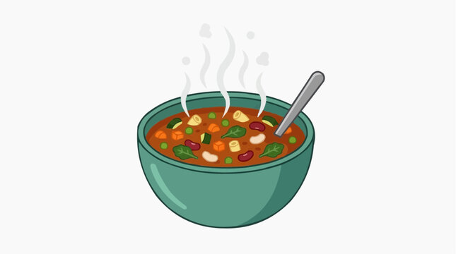 Aromatic soup simmer in a teal bowl, steam rising from the hot food, inviting comfort and warmth, representing a hearty meal.
