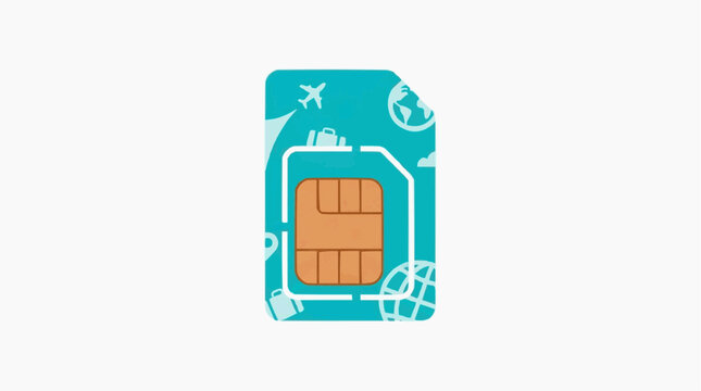 A symbolic representation of global connectivity, this SIM card, a small yet powerful tool. It's adorned with travel-themed icons suggesting communication and access around the world.