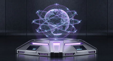 Fototapeta premium Holographic earth globe projection on futuristic laboratory console showing global satellite networks.