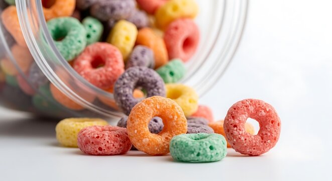 Colorful cereal rings spilled from a glass bowl on white surface