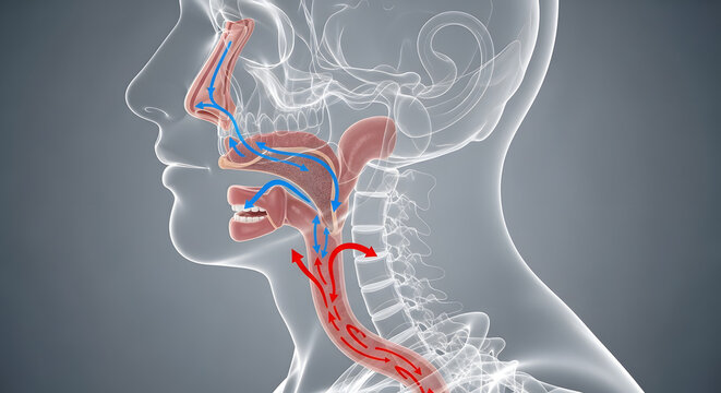 Human airway anatomy diagram showing airflow and epiglottis function illustration.