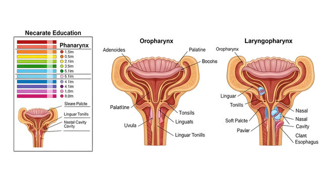 Anatomical diagram of human pharynx and throat structures for medical educational use.