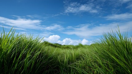 Obraz premium Vibrant green meadow grass extending towards a vast cloud dotted blue sky under bright daylight