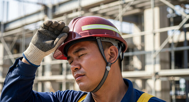 Male construction worker wiping sweat from forehead at site  