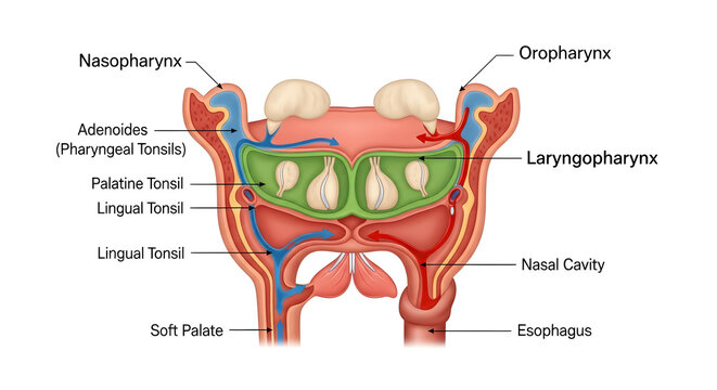 Educational medical chart showing human pharynx airway and digestive path systems.