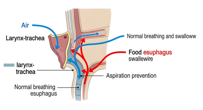 Medical illustration of swallowing process and airway protection mechanism in humans.