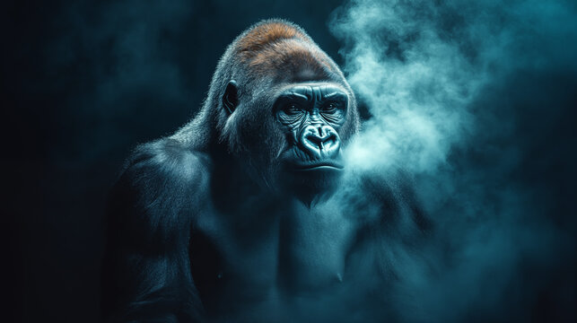 Powerful silverback gorilla emerging from blue mist in dramatic lighting