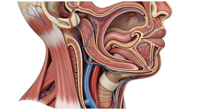Detailed sagittal cross section anatomy of human head and neck muscular structures.