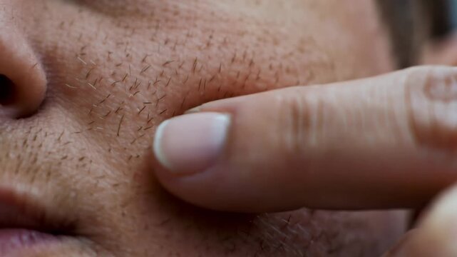 Extreme macro shot of male cheek skin texture showing detailed pores and short facial hair stubble after shaving for a grooming concept.