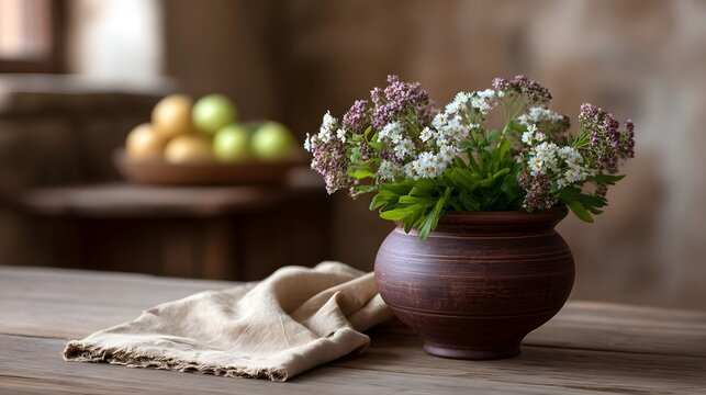 Rustic floral arrangement of white and purple flowers displayed in a dark pottery pot on a wooden surface