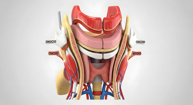 Human larynx and thyroid gland anatomical model with muscular tissue detail 3d.